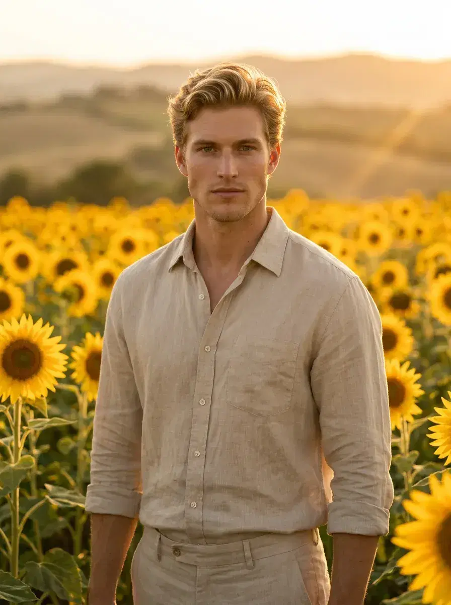 AI AI Pinterest Photos — Instant Moodboard Looks — AI Pinterest golden hour photo — person in linen set in a Tuscan sunflower field, warm aesthetic moodboard