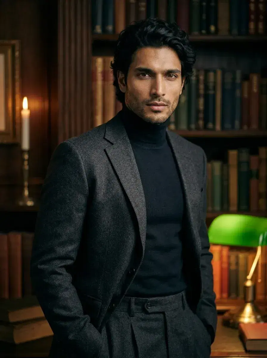 AI AI Pinterest Photos — Instant Moodboard Looks — AI Pinterest dark academia photo — person in blazer in a candlelit antique reading room