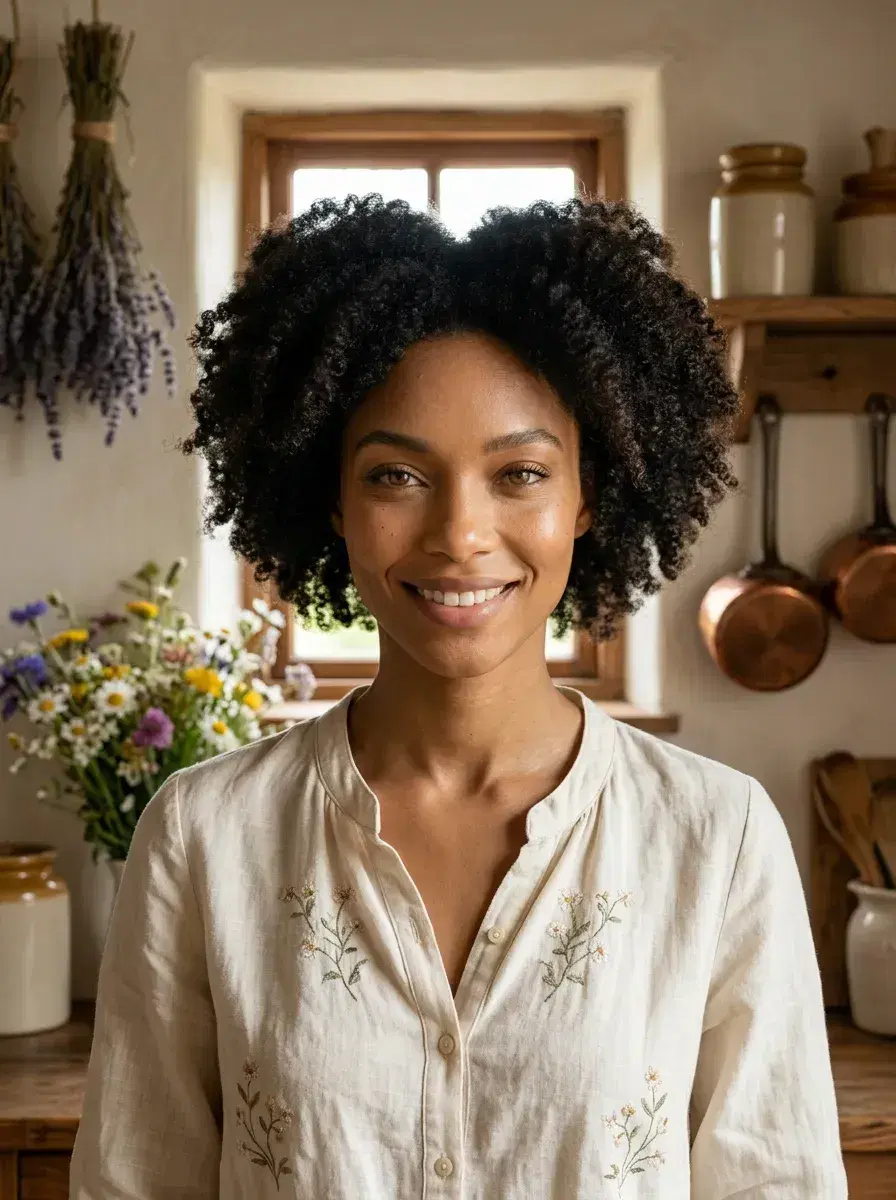 AI AI Pinterest Photos — Instant Moodboard Looks — AI Pinterest cottagecore photo — person in rustic kitchen with dried lavender, warm morning light, pastoral moodboard