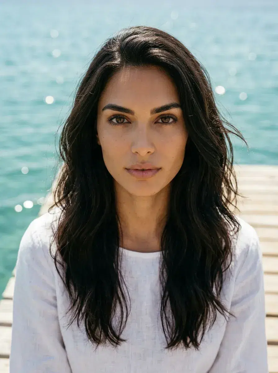 AI AI Pinterest Photos — Instant Moodboard Looks — AI Pinterest coastal photo — person on Mediterranean pier over turquoise water, coastal grandmother moodboard aesthetic