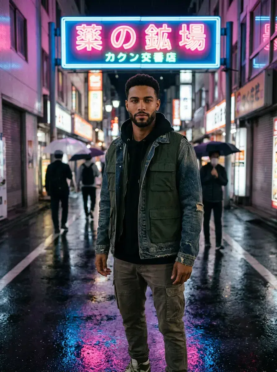 AI AI Pinterest Photos — Instant Moodboard Looks — AI Pinterest street style photo — person under neon signs on rain-slicked Tokyo street, moody urban moodboard