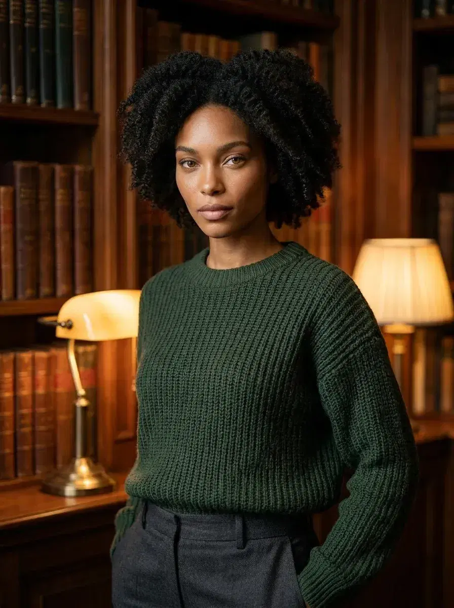 AI AI Pinterest Photos — Instant Moodboard Looks — AI Pinterest dark academia photo — person in knit sweater in a candlelit library, moody editorial aesthetic