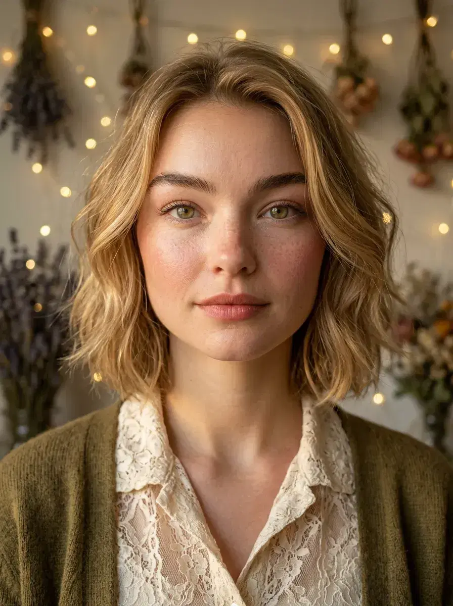 AI AI Pinterest Photos — Instant Moodboard Looks — AI Pinterest cottagecore portrait — warm film-tone lighting, dried botanicals bokeh, romantic moodboard aesthetic