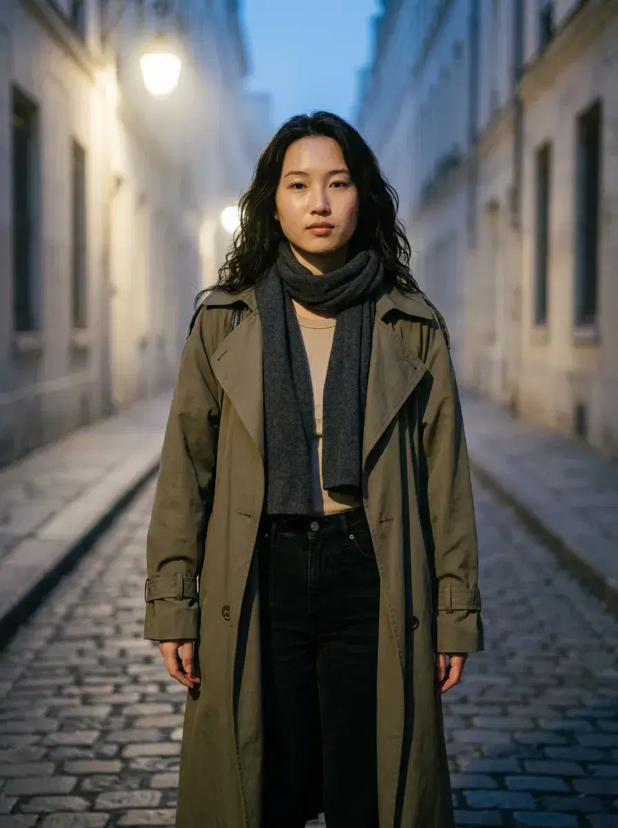 AI AI Pinterest Photos — Instant Moodboard Looks — AI Pinterest street style photo — person on cobblestone European alley at blue hour, moody editorial moodboard look