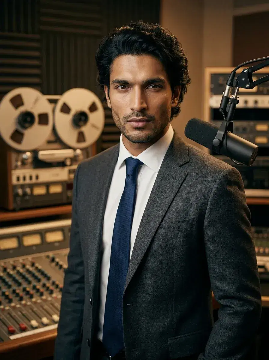 AI AI Podcast Cover Photos — Studio Looks — Person in professional attire in vintage broadcast studio with mixing boards, warm tungsten lighting