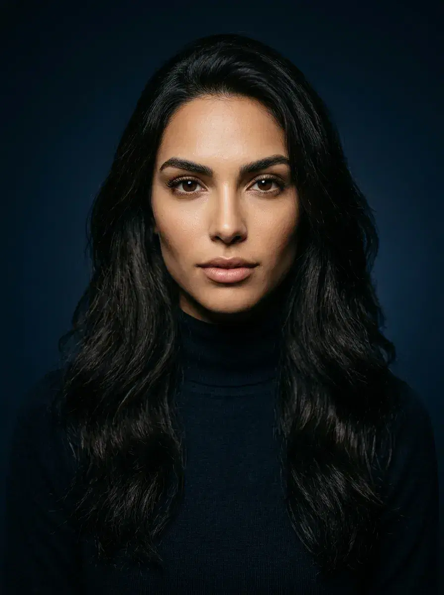 AI AI Podcast Cover Photos — Studio Looks — Person in dark turtleneck against navy gradient with dramatic overhead spotlight for podcast cover