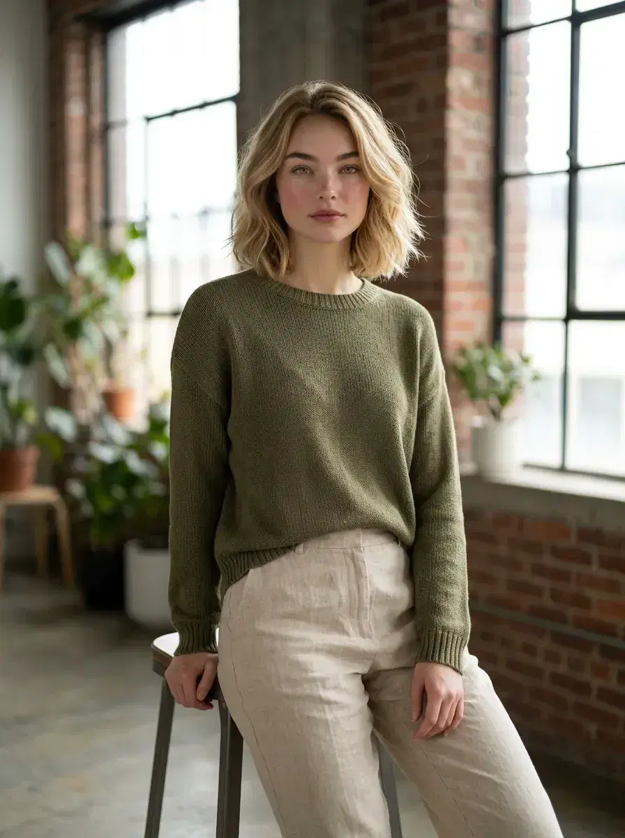 AI AI Podcast Cover Photos — Studio Looks — Person leaning on stool in modern loft studio with natural window light for podcast cover