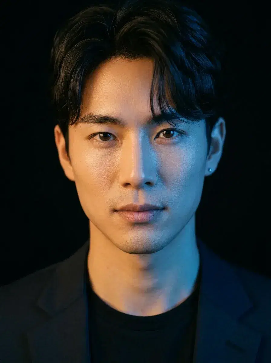 AI AI Podcast Cover Photos — Studio Looks — Close-up portrait with split amber and blue lighting on black background for podcast cover