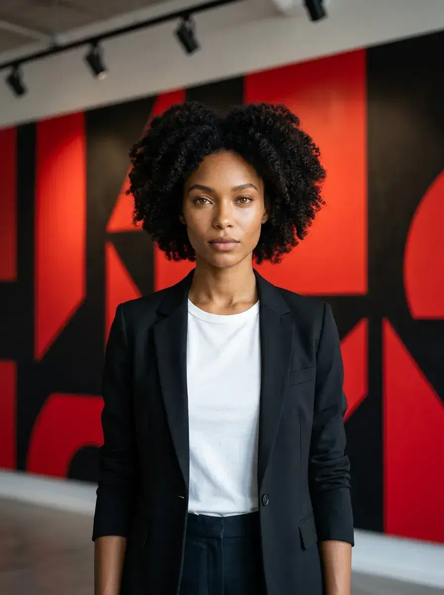 AI AI Podcast Cover Photos — Studio Looks — Person in smart casual in front of bold geometric mural with overhead track lighting