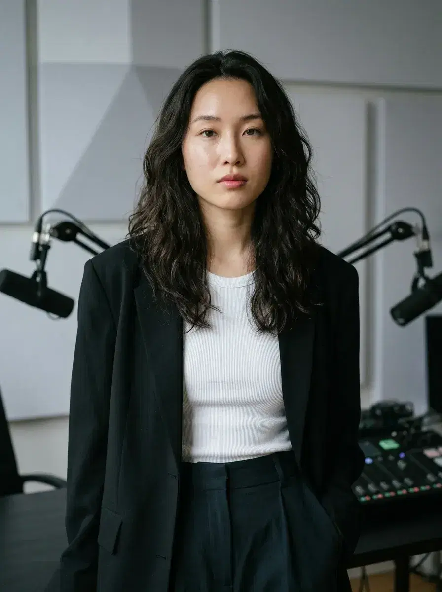 AI AI Podcast Cover Photos — Studio Looks — Person in streetwear in modern podcast studio with geometric acoustic panels, cool studio lighting