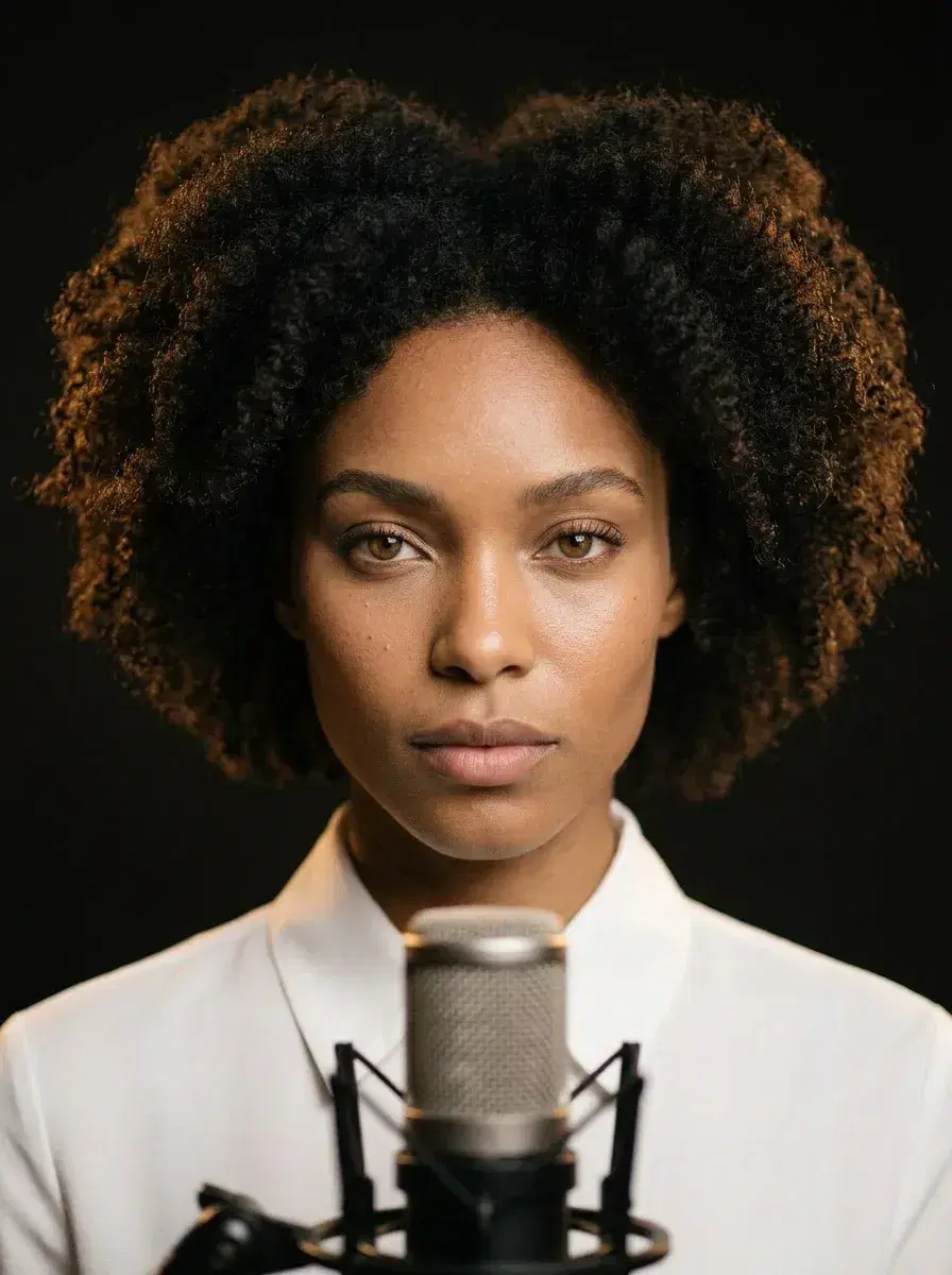 AI AI Podcast Cover Photos — Studio Looks — Close-up portrait with broadcast microphone in foreground, bold warm key light for podcast cover