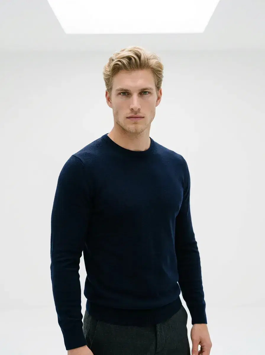 AI AI Podcast Cover Photos — Studio Looks — Person in smart casual in minimalist white studio with space for podcast title typography