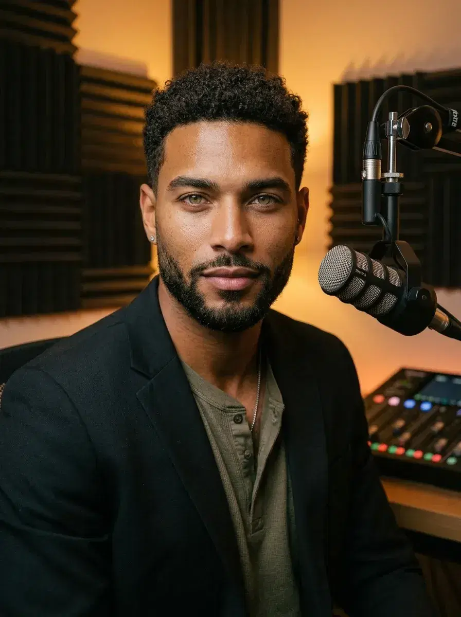 AI AI Podcast Cover Photos — Studio Looks — Person in blazer in podcast recording booth with acoustic panels, warm amber lighting
