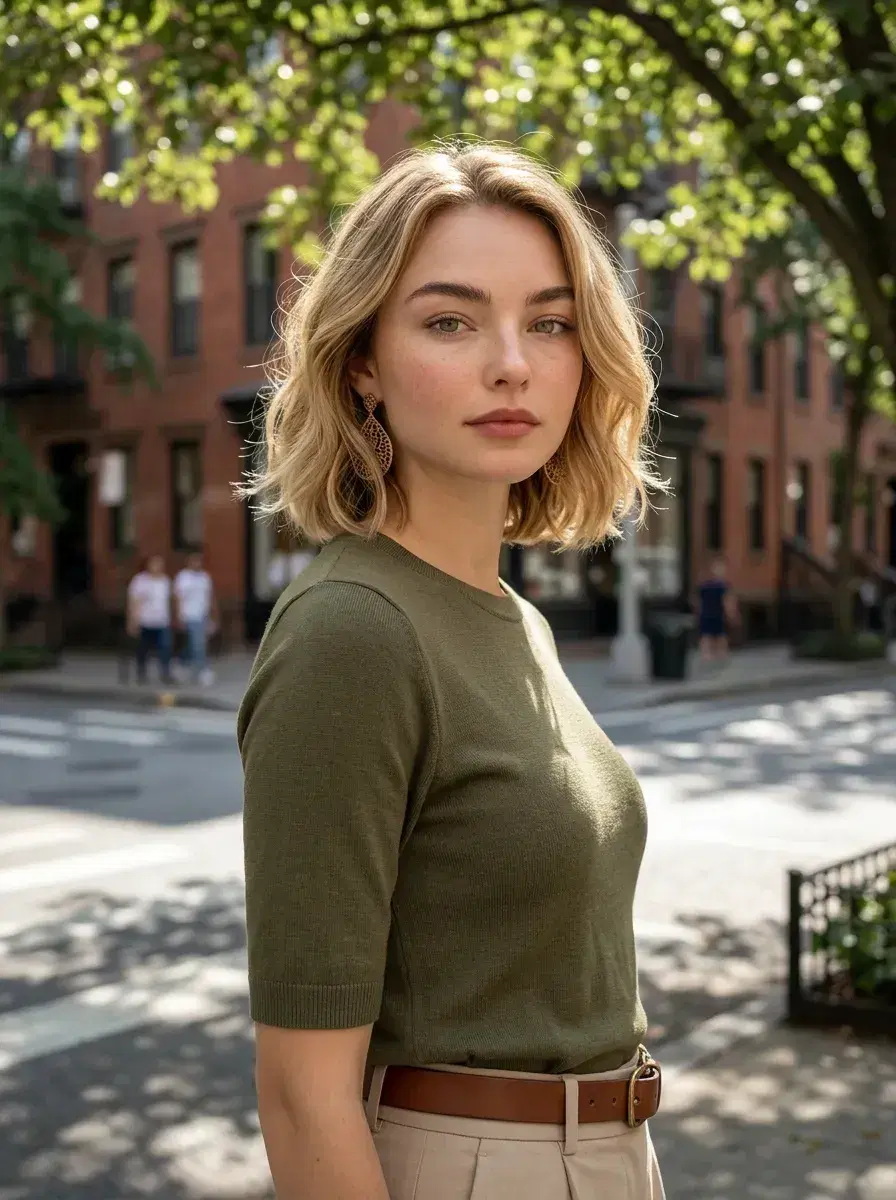 AI AI Pose Suggestions Photos — Look Effortless — Person with a confident magazine-style pose on a leafy urban street at golden hour
