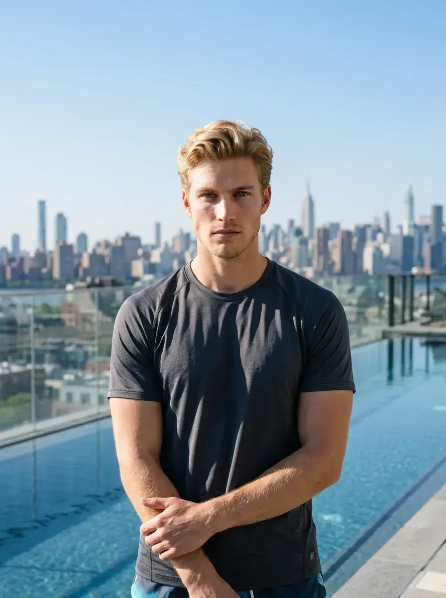 AI AI Pose Suggestions Photos — Look Effortless — Person with a relaxed rooftop pose against a blue sky and city skyline