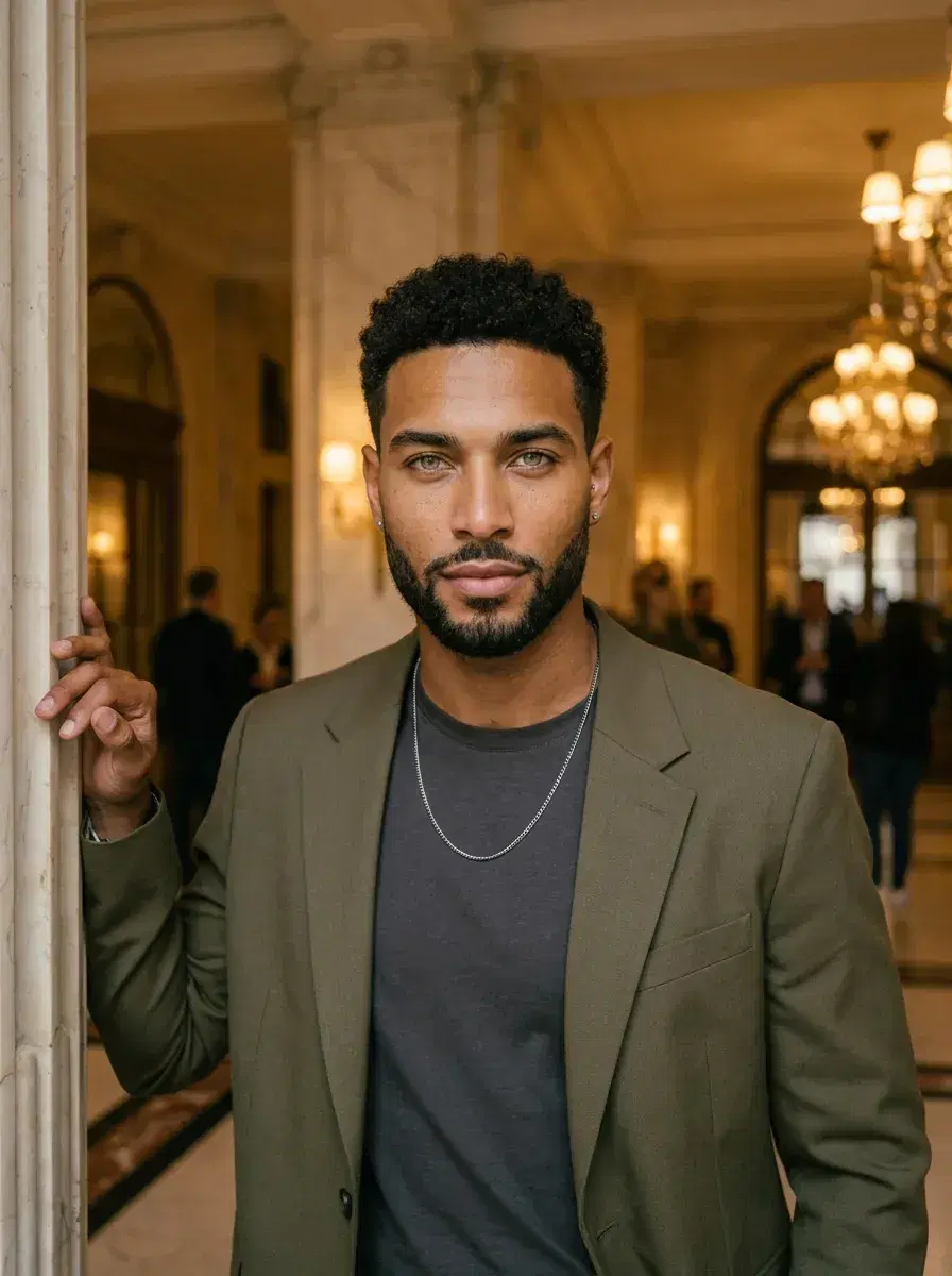 AI AI Pose Suggestions Photos — Look Effortless — Person in a blazer with an authoritative natural pose in a grand marble lobby
