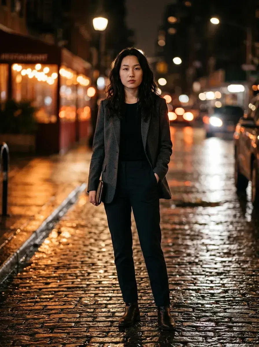AI AI Pose Suggestions Photos — Look Effortless — Person with a magnetic nighttime street pose on rain-slicked cobblestones