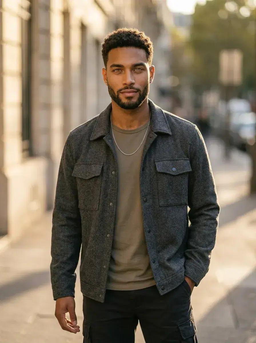 AI AI Pose Suggestions Photos — Look Effortless — Person in street style outfit posing naturally on an urban sidewalk at golden hour