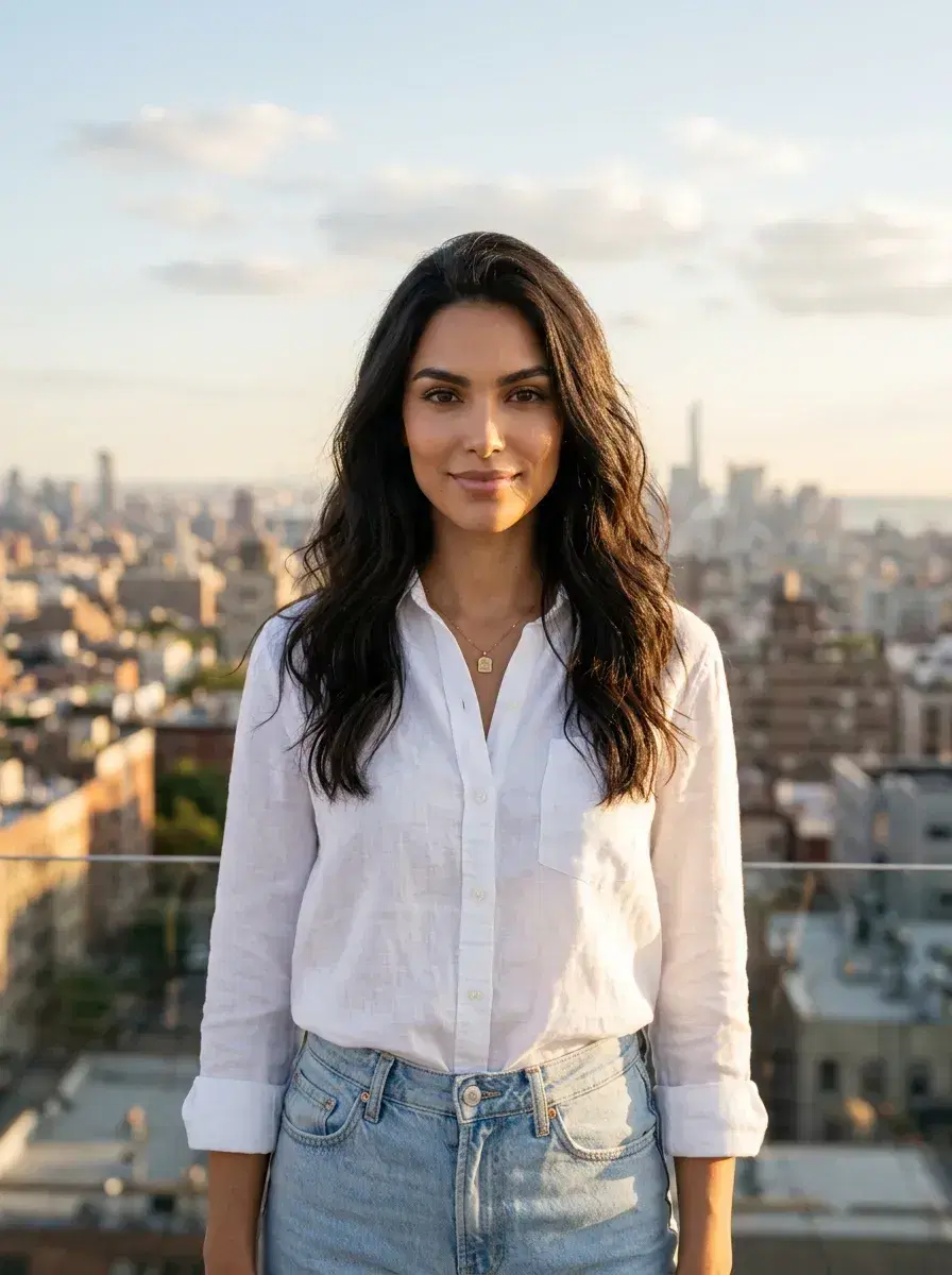 AI AI Pose Suggestions Photos — Look Effortless — Person with a relaxed confident pose on a rooftop terrace with a city skyline backdrop