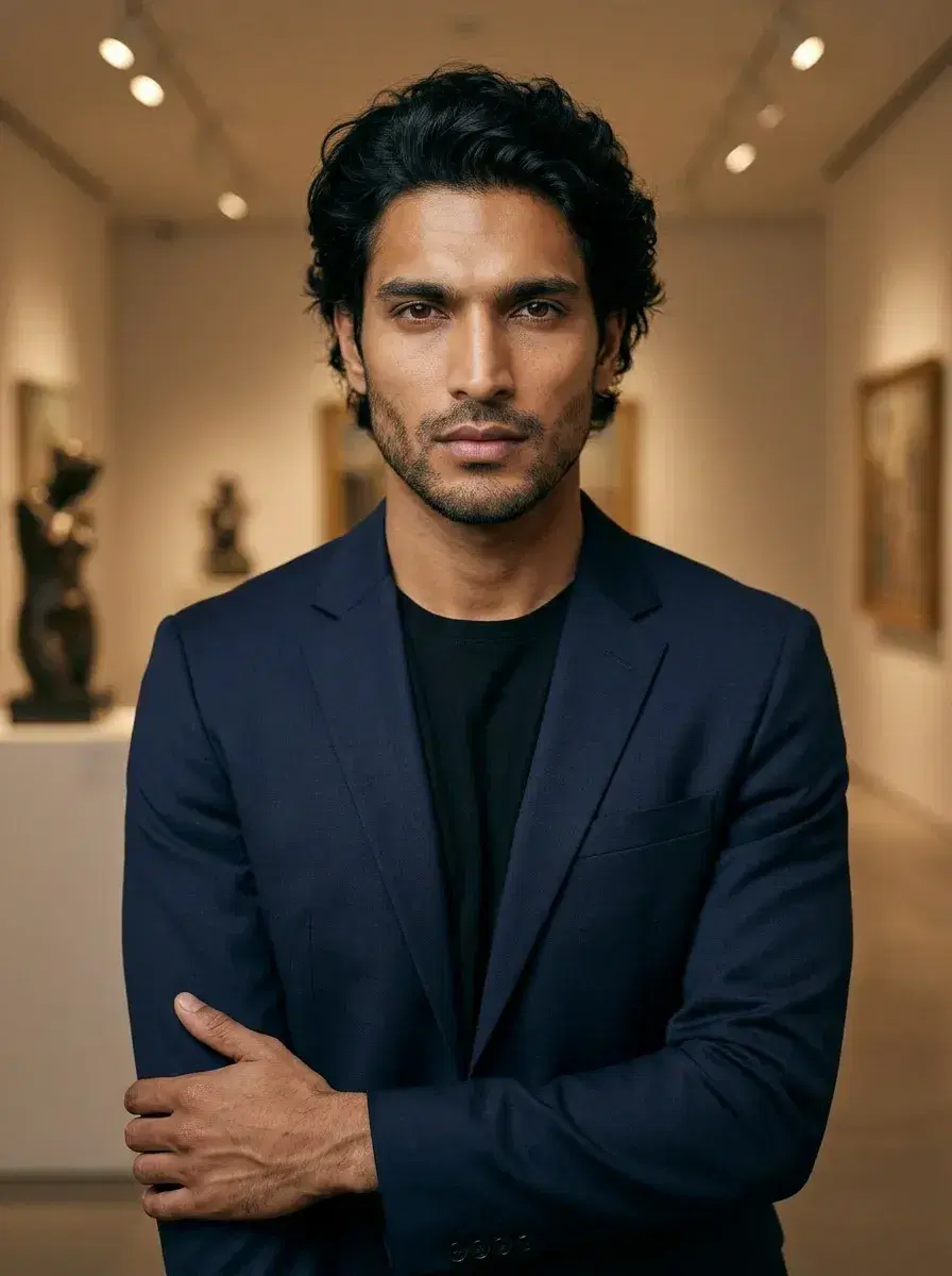 AI AI Pose Suggestions Photos — Look Effortless — Person in a polished blazer with a calm authoritative pose inside a modern art gallery