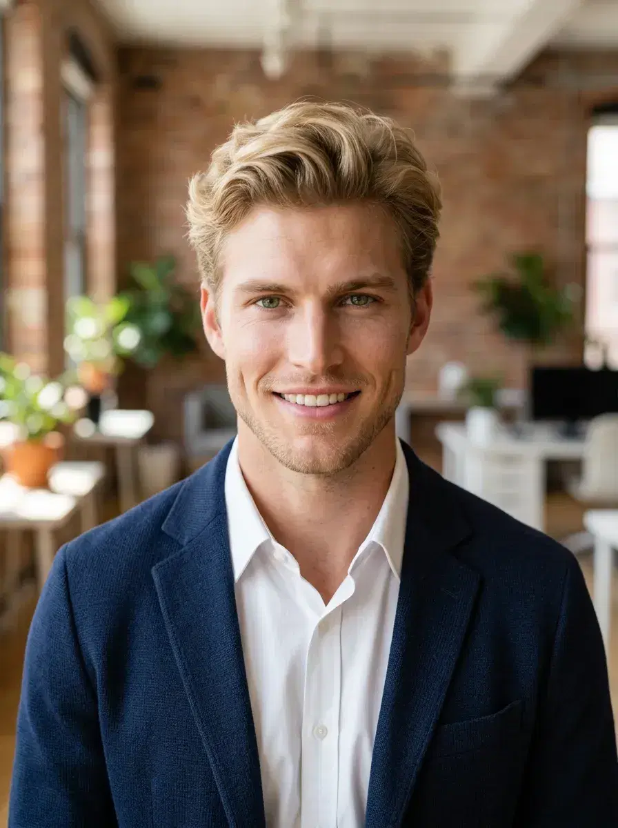 AI AI Professional Headshots — Studio Looks — AI professional headshot in sunlit modern co-working space