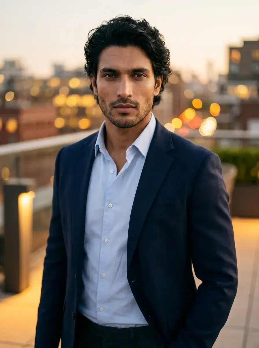 AI AI Professional Headshots — Studio Looks — AI professional headshot on rooftop terrace at dusk with city lights