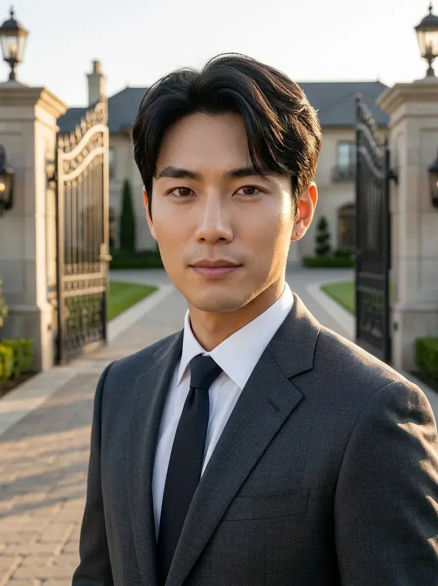 AI AI Real Estate Agent Headshots — Close the Deal — Real estate agent at the entrance of a grand luxury estate with gates and golden hour lighting