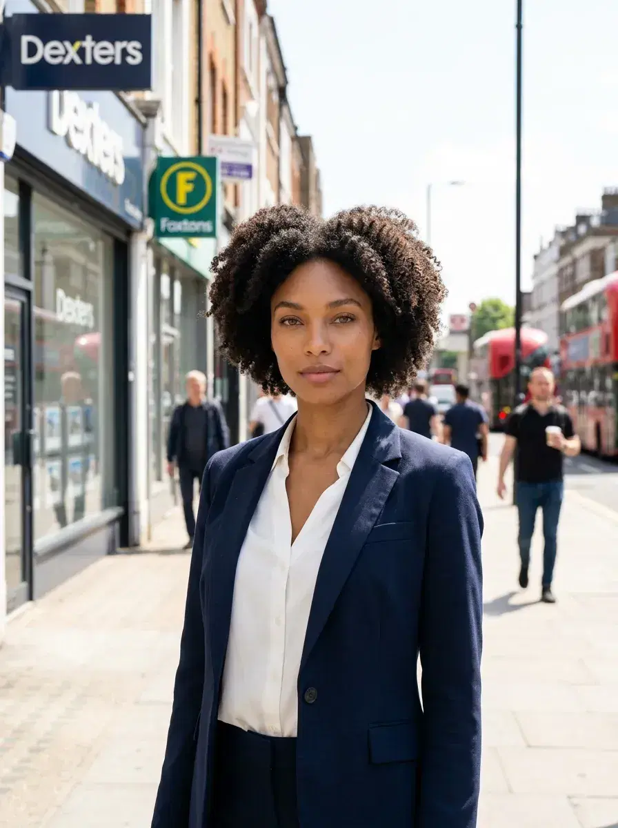 AI AI Real Estate Agent Headshots — Close the Deal — Real estate agent on a city main street with estate agency storefronts for a professional headshot