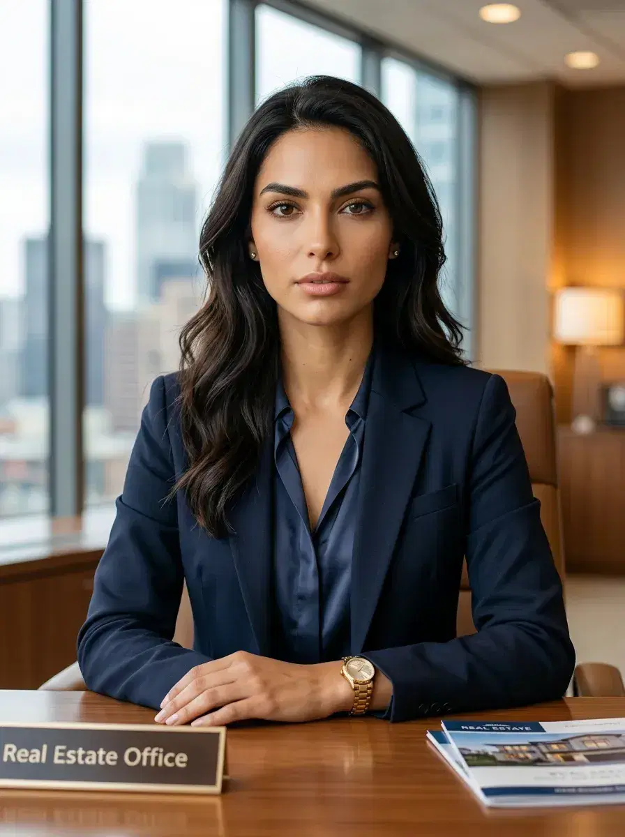 AI AI Real Estate Agent Headshots — Close the Deal — Professional real estate agent headshot taken in a modern office with city skyline background