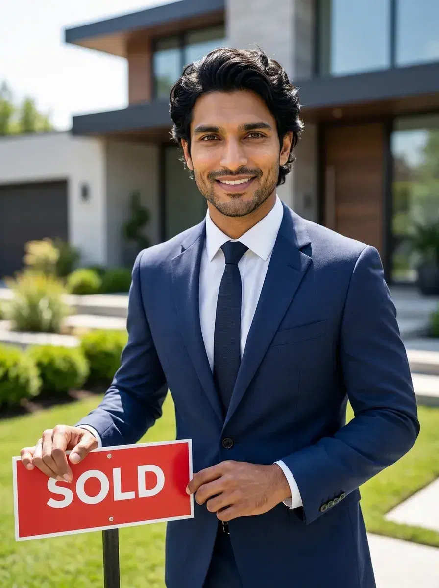 AI AI Real Estate Agent Headshots — Close the Deal — Real estate agent standing next to a sold sign outside a contemporary home for a professional headshot