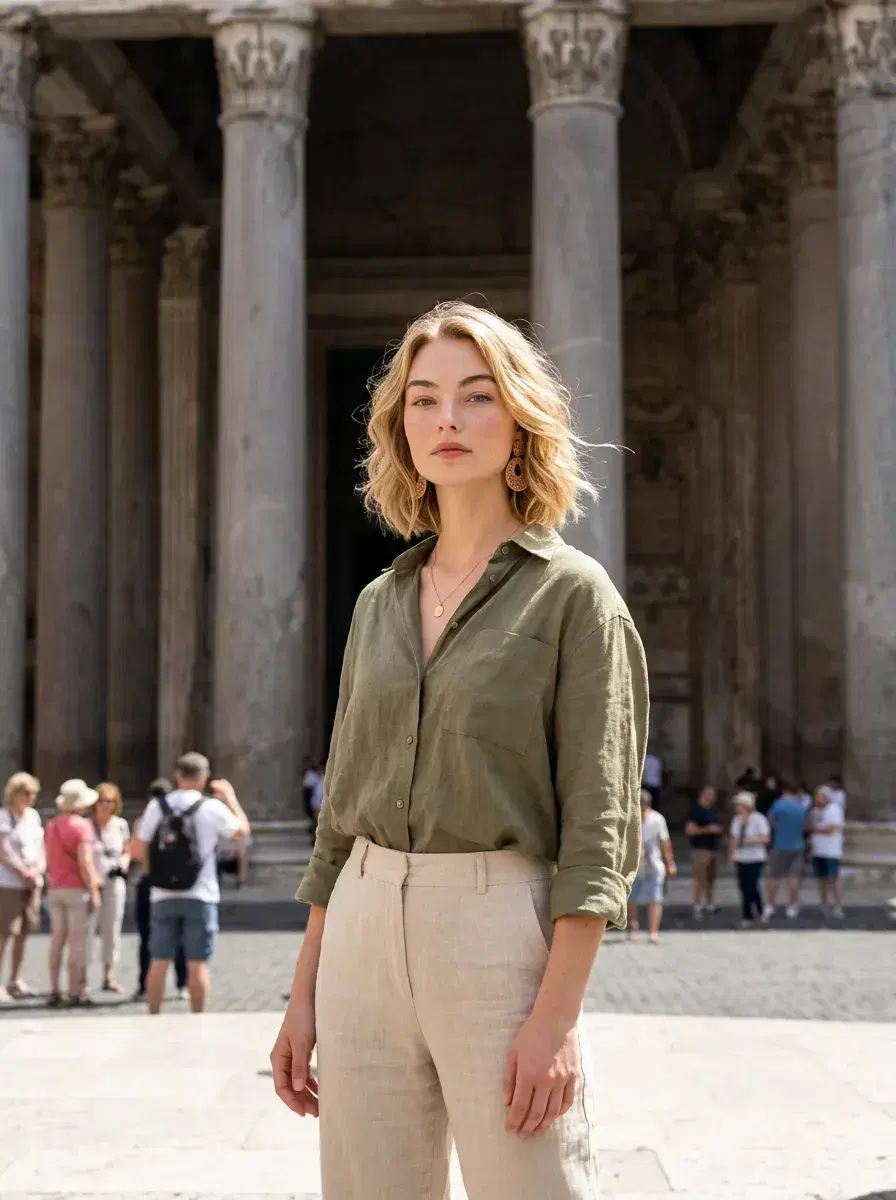 AI AI Rome Travel Photos — Instant Wanderlust — Person standing before the Pantheon in Rome in linen travel outfit