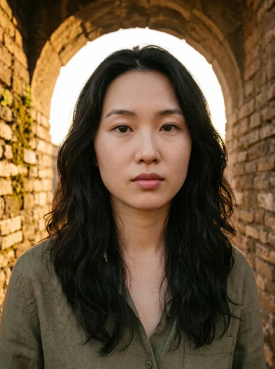 AI AI Rome Travel Photos — Instant Wanderlust — Close-up portrait framed by a Roman stone archway at golden hour