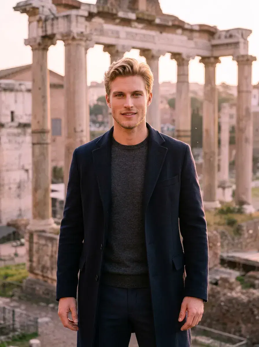 AI AI Rome Travel Photos — Instant Wanderlust — Person at the Roman Forum ruins at sunrise