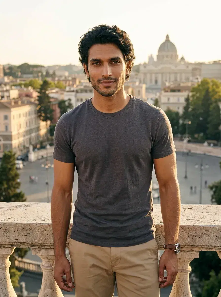 AI AI Rome Travel Photos — Instant Wanderlust — Person on Pincian Hill terrace overlooking Rome's Piazza del Popolo