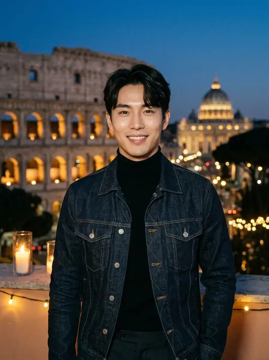 AI AI Rome Travel Photos — Instant Wanderlust — Person at a rooftop bar in Rome at twilight with illuminated skyline
