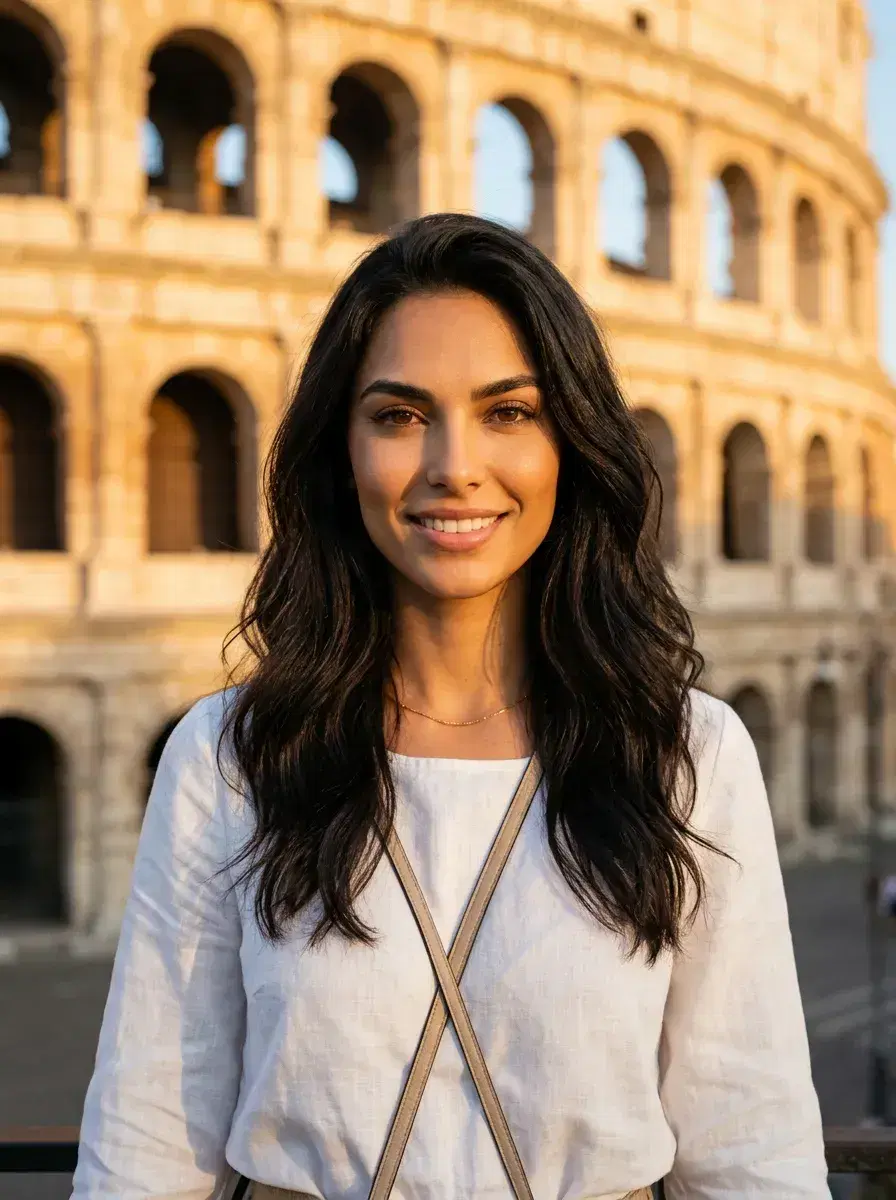 AI AI Rome Travel Photos — Instant Wanderlust — Person posing in front of the Colosseum in Rome at golden hour