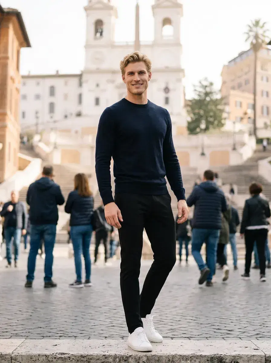 AI AI Rome Travel Photos — Instant Wanderlust — Person on the Spanish Steps in Rome wearing a stylish outfit