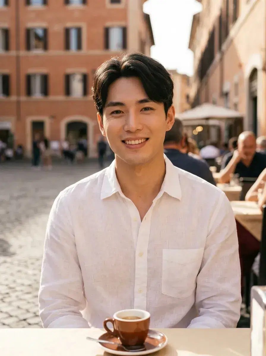 AI AI Rome Travel Photos — Instant Wanderlust — Person at a Roman piazza cafe in linen travel outfit