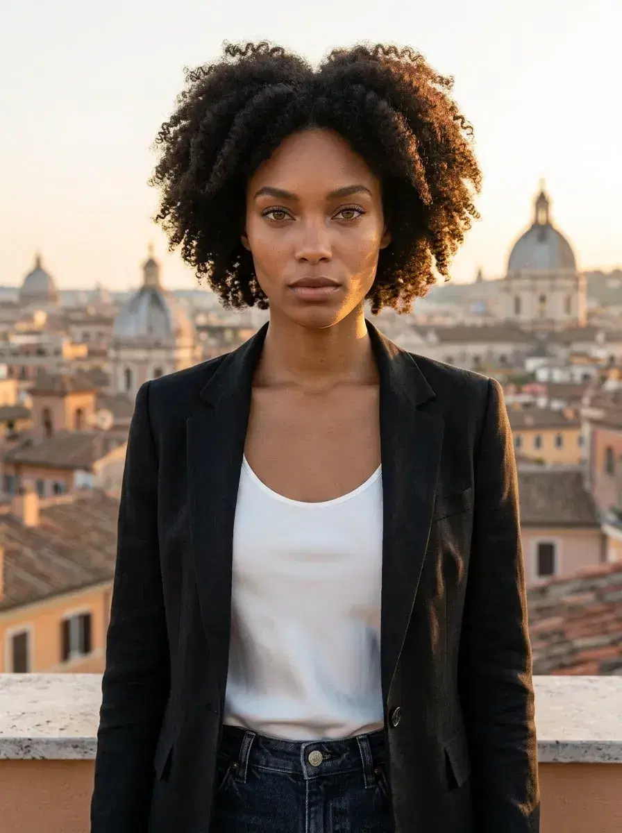 AI AI Rome Travel Photos — Instant Wanderlust — Person on a rooftop terrace overlooking Rome at sunset