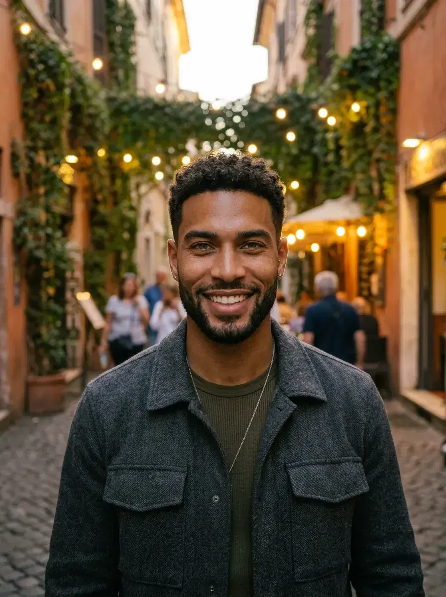 AI AI Rome Travel Photos — Instant Wanderlust — Person in Trastevere alley with string lights in Rome