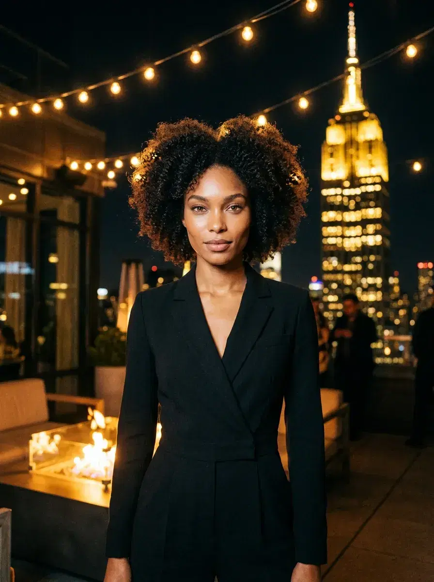 AI AI Rooftop Bar Photos — Sky-High Vibes — Person on Manhattan rooftop bar with Empire State Building glowing behind