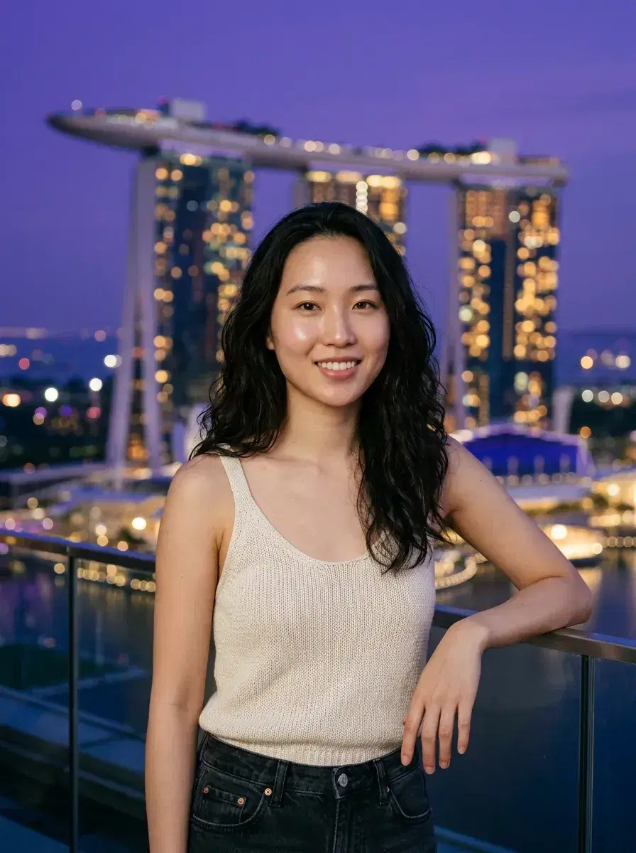AI AI Rooftop Bar Photos — Sky-High Vibes — Person at Singapore rooftop bar with Marina Bay Sands behind at blue hour