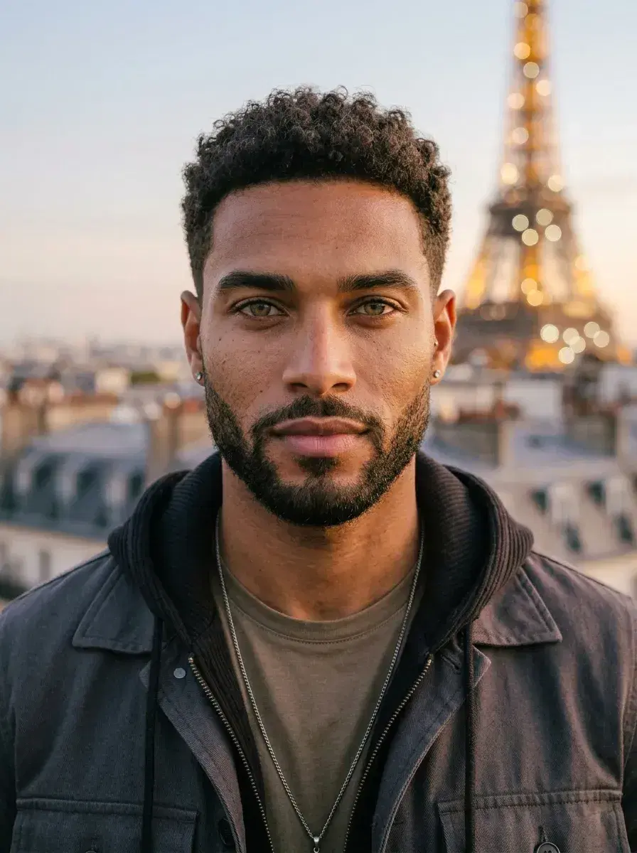 AI AI Rooftop Bar Photos — Sky-High Vibes — Close-up portrait on Paris rooftop bar with Eiffel Tower bokeh behind