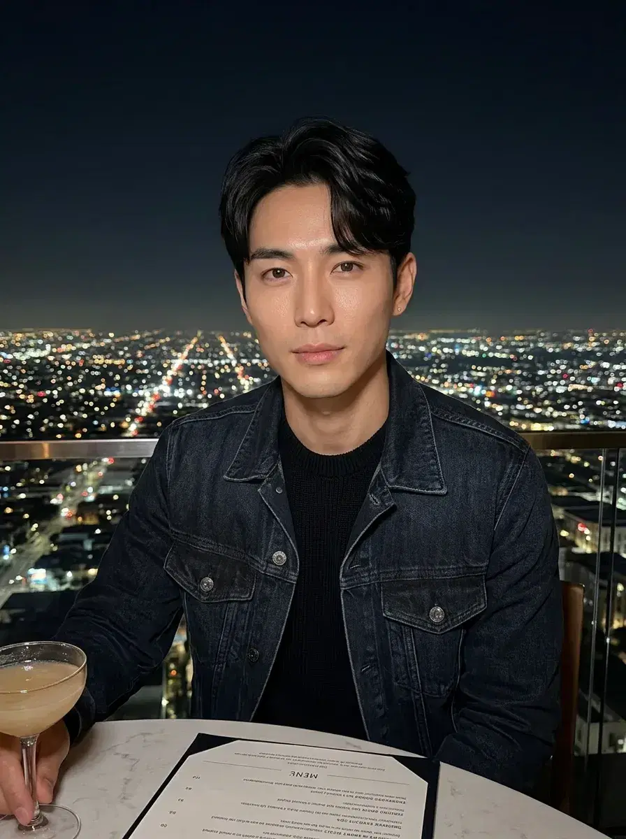 AI AI Rooftop Bar Photos — Sky-High Vibes — Person seated at LA rooftop bar at night overlooking the city grid