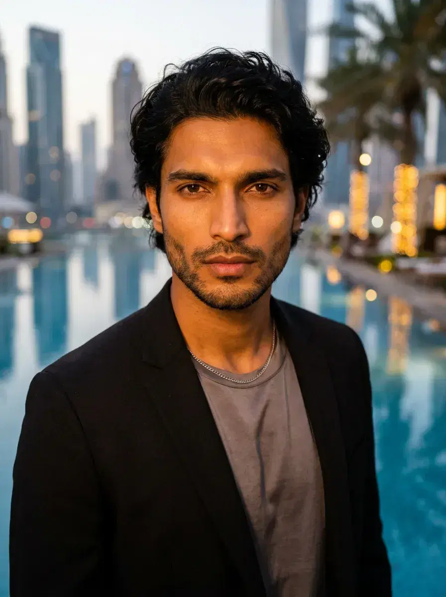 AI AI Rooftop Bar Photos — Sky-High Vibes — Person at Dubai rooftop pool bar with Marina towers reflecting in water