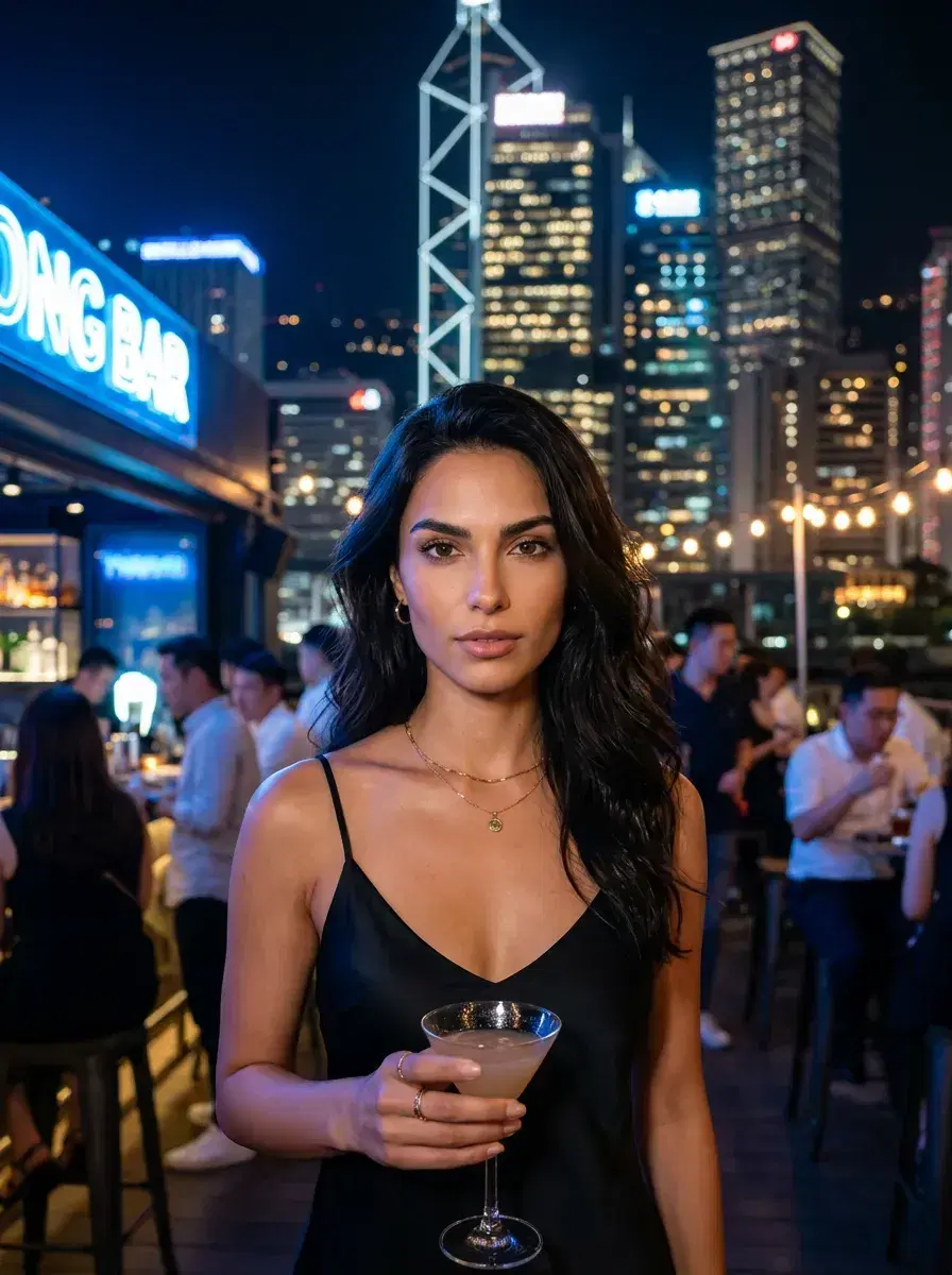 AI AI Rooftop Bar Photos — Sky-High Vibes — Person on Hong Kong rooftop bar with illuminated skyscraper skyline behind