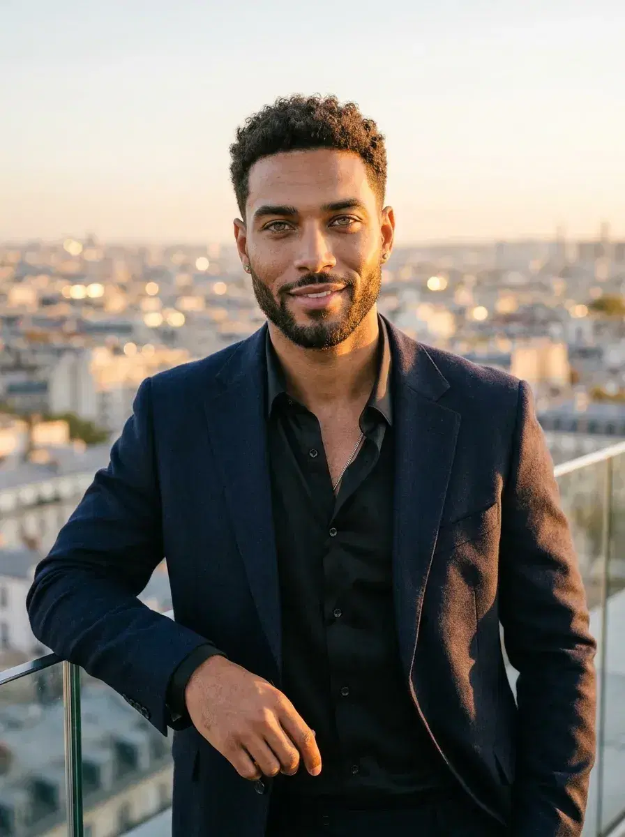 AI AI Rooftop Bar Photos — Sky-High Vibes — Person in evening attire on rooftop bar at golden hour with city skyline behind