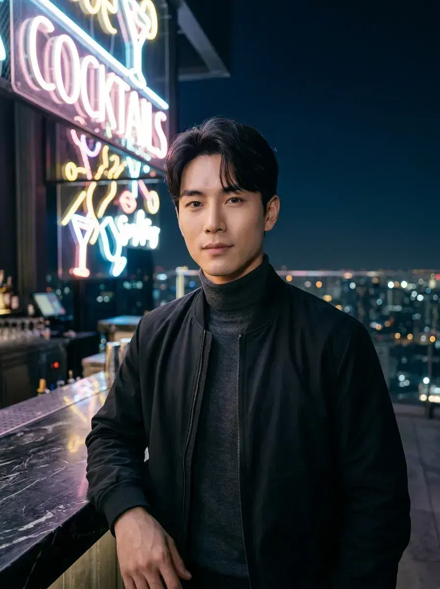 AI AI Rooftop Bar Photos — Sky-High Vibes — Person at rooftop bar counter at night with glowing neon signs and city lights