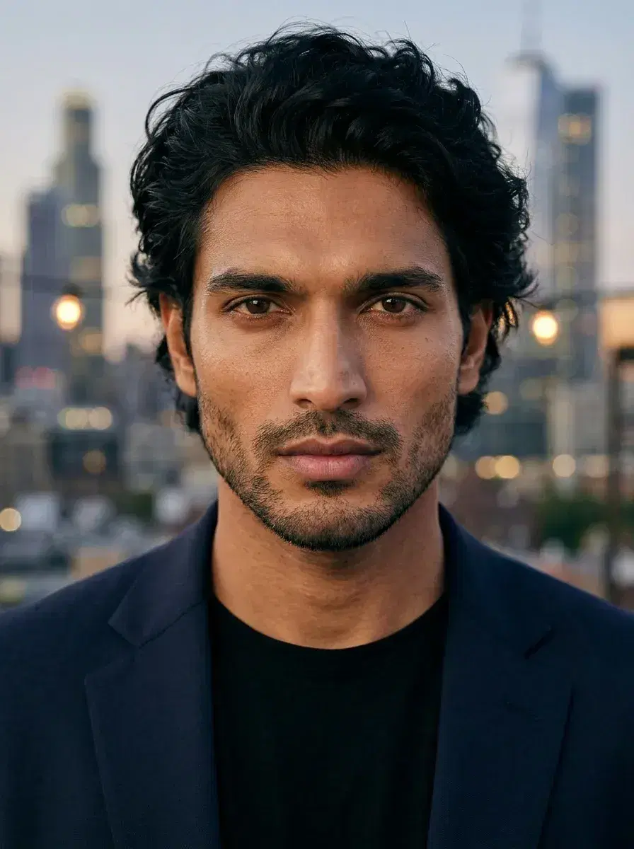 AI AI Rooftop Bar Photos — Sky-High Vibes — Close-up portrait of person with rooftop string lights and city skyline bokeh
