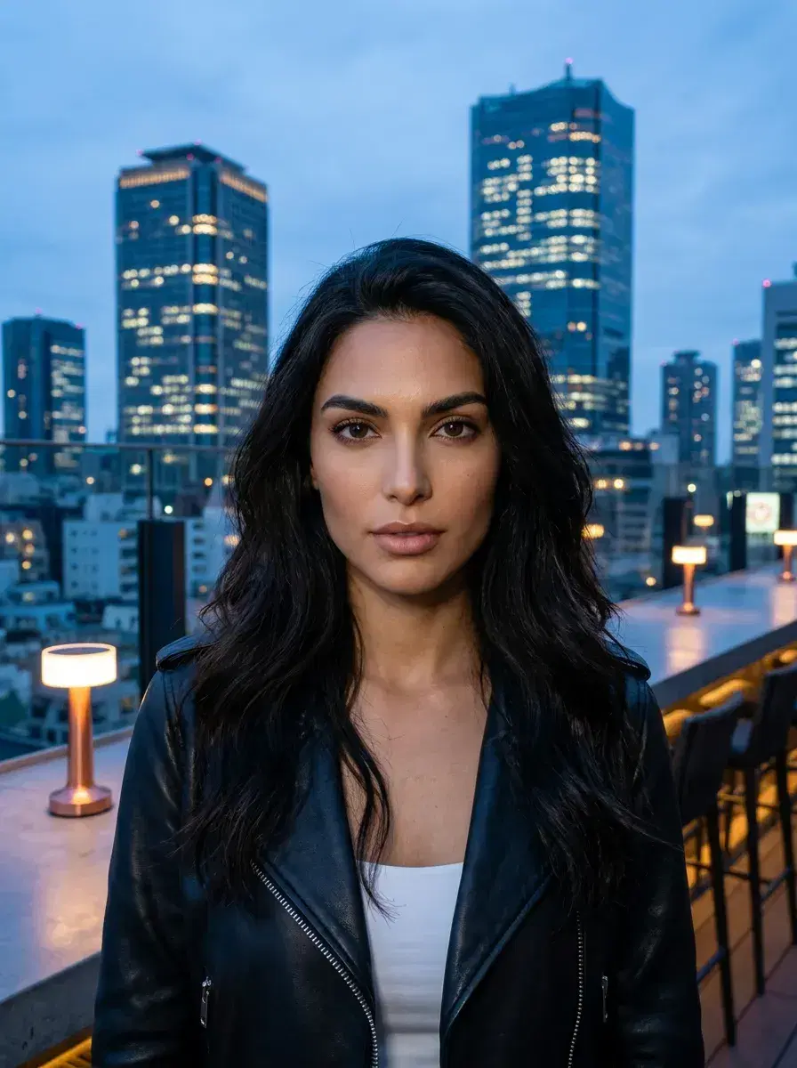 AI AI Rooftop Bar Photos — Sky-High Vibes — Person in street style outfit on rooftop terrace with Tokyo skyline at night